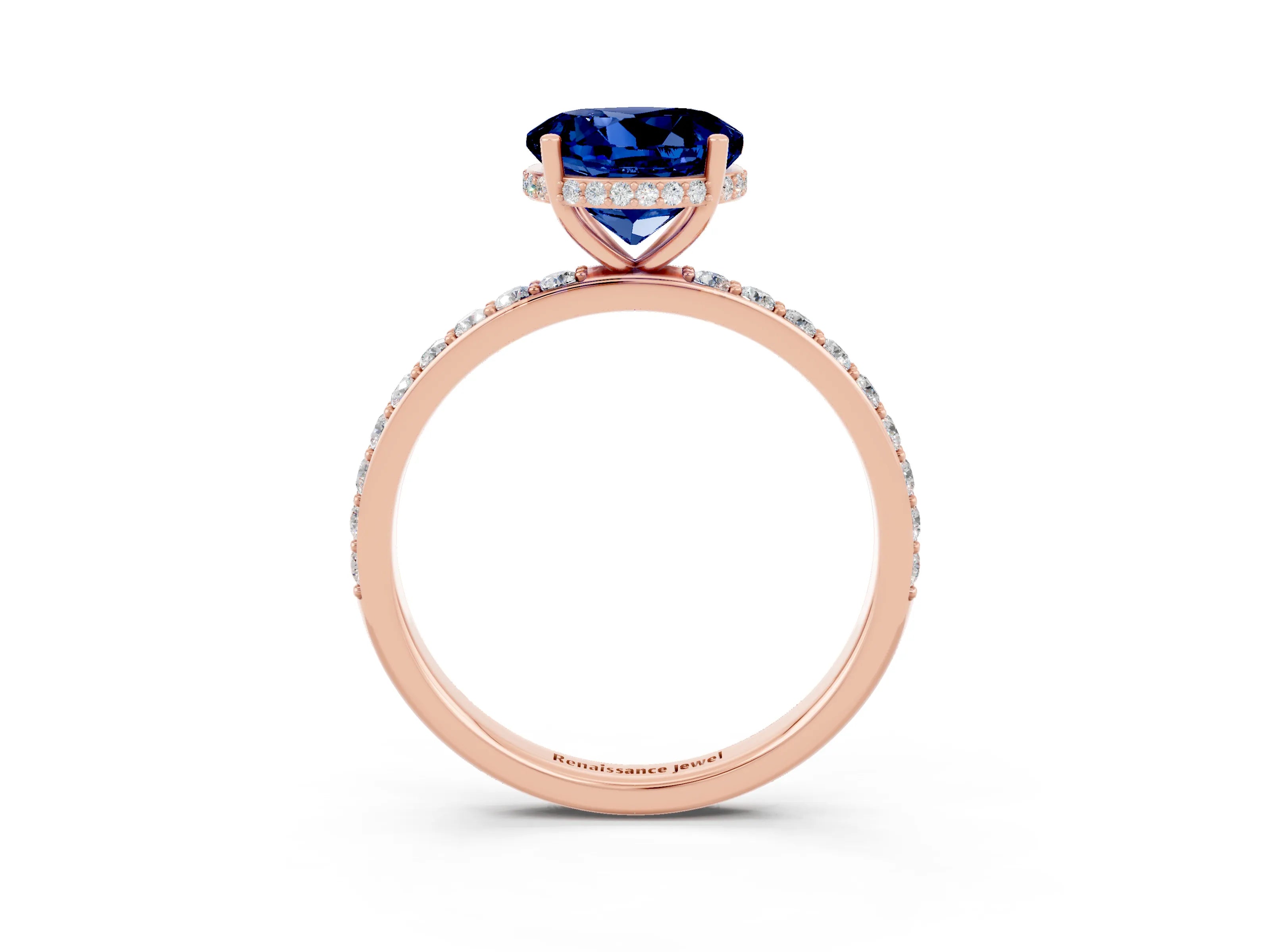 Rose gold Round Cut Blue Sapphire Solitaire Ring with Pavé Band and Hidden Halo_15