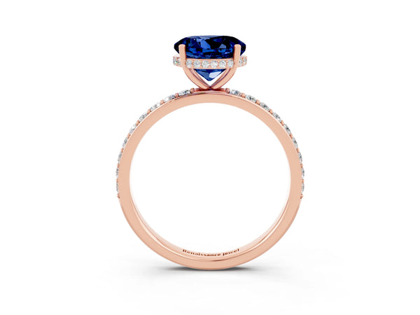 Rose gold Round Cut Blue Sapphire Solitaire Ring with Pavé Band and Hidden Halo