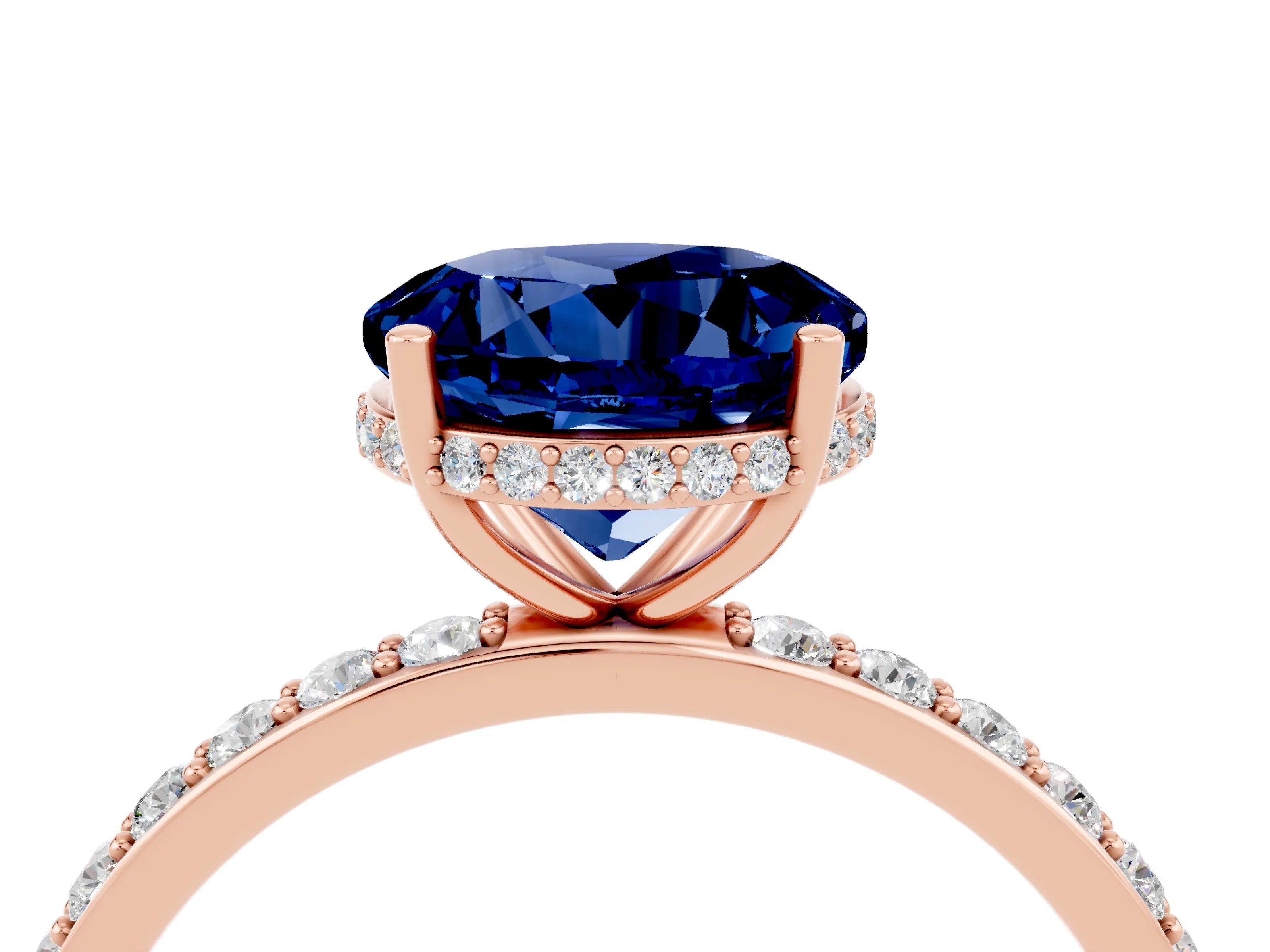 Rose gold Round Cut Blue Sapphire Solitaire Ring with Pavé Band and Hidden Halo_16