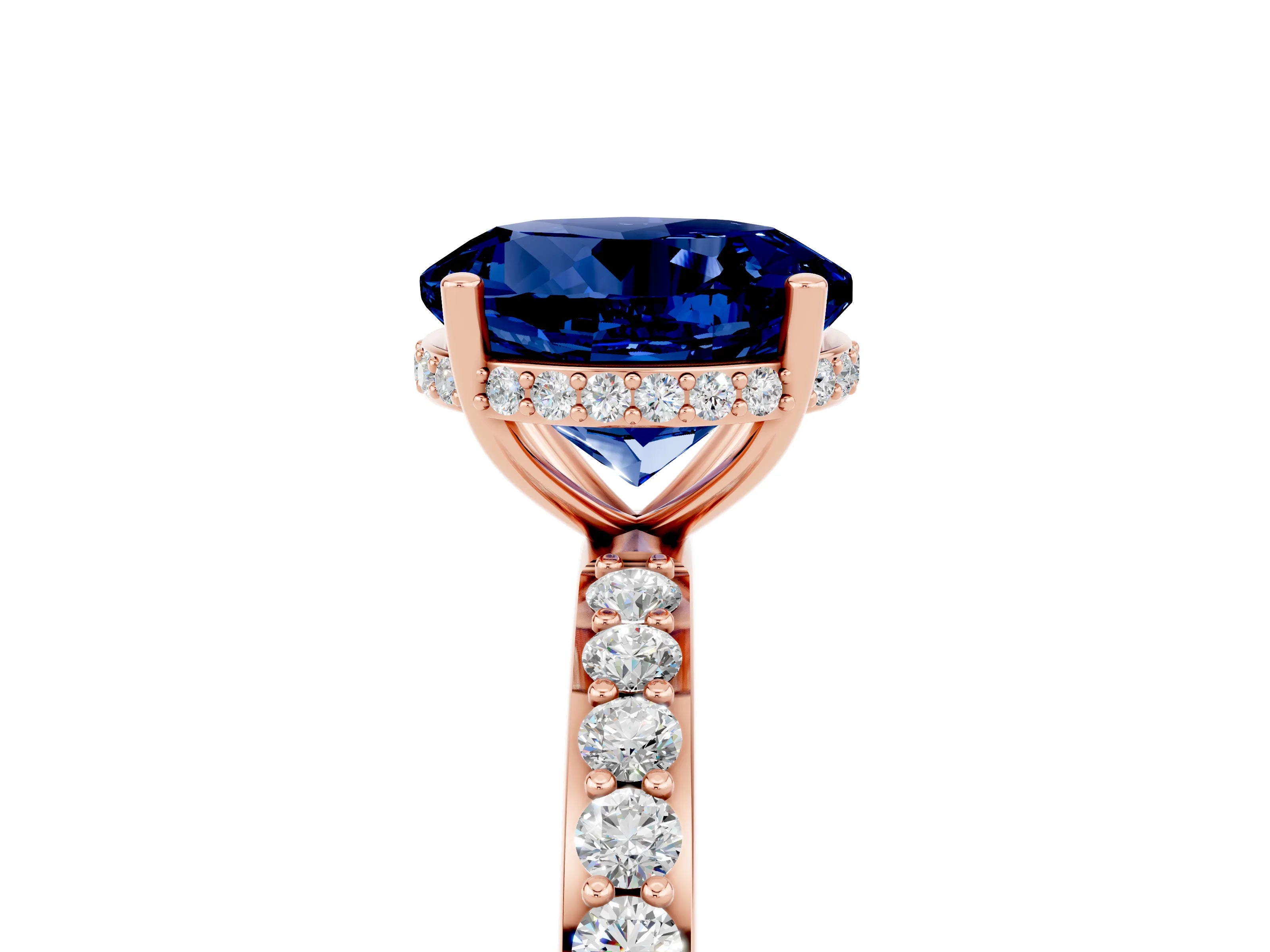Rose gold Round Cut Blue Sapphire Solitaire Ring with Pavé Band and Hidden Halo_17