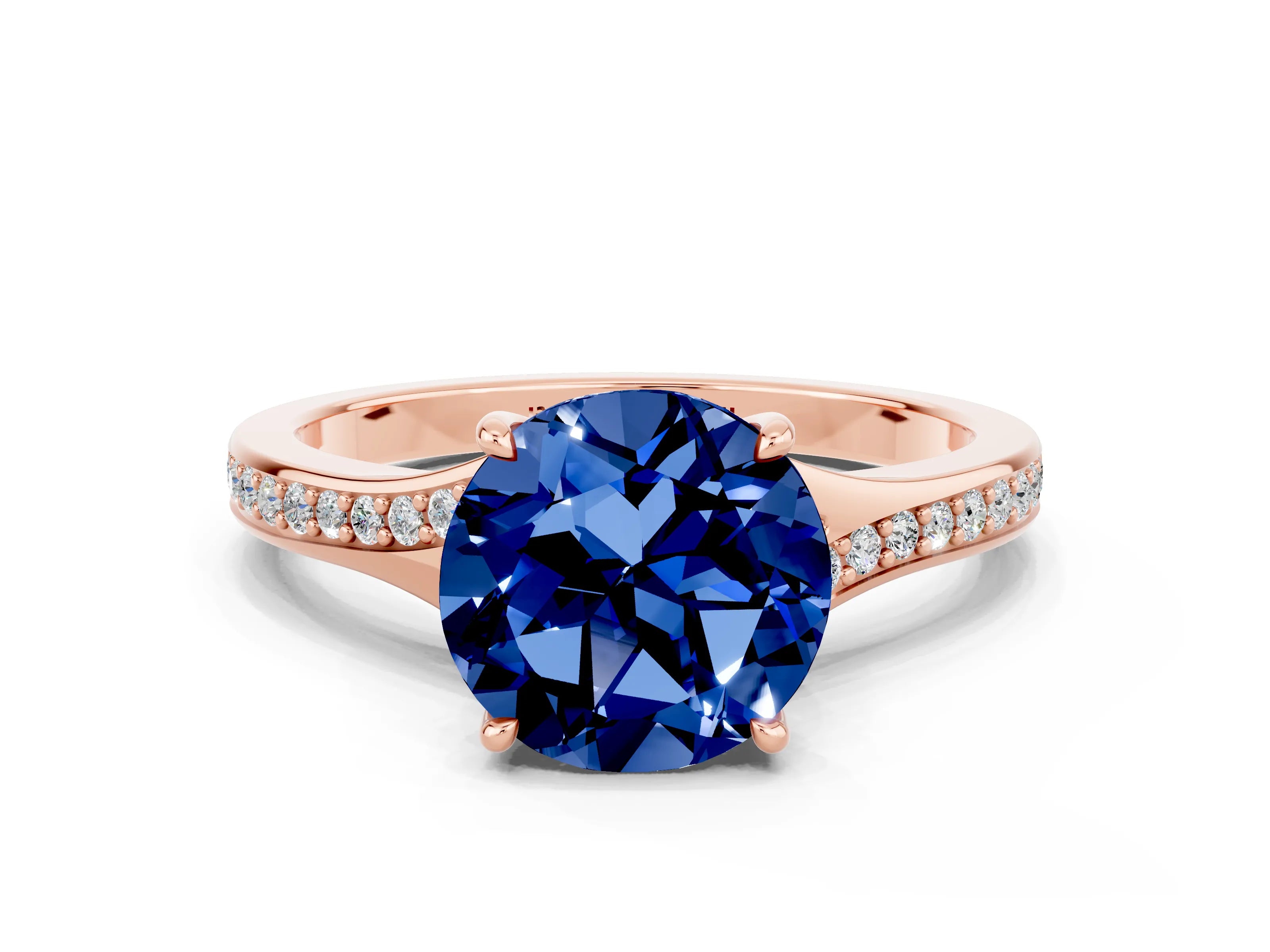 Rose gold Round Cut Blue Sapphire Solitaire Ring with Pavé Band and Prong Setting