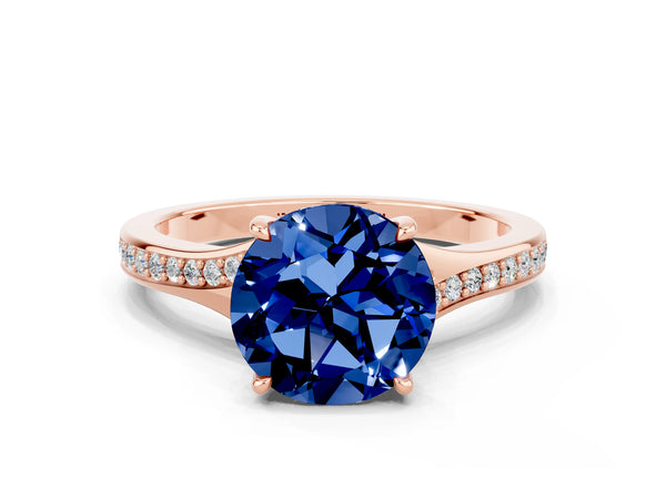 Rose gold Round Cut Blue Sapphire Solitaire Ring with Pavé Band and Prong Setting