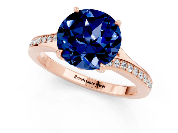 Rose gold Round Cut Blue Sapphire Solitaire Ring with Pavé Band and Prong Setting