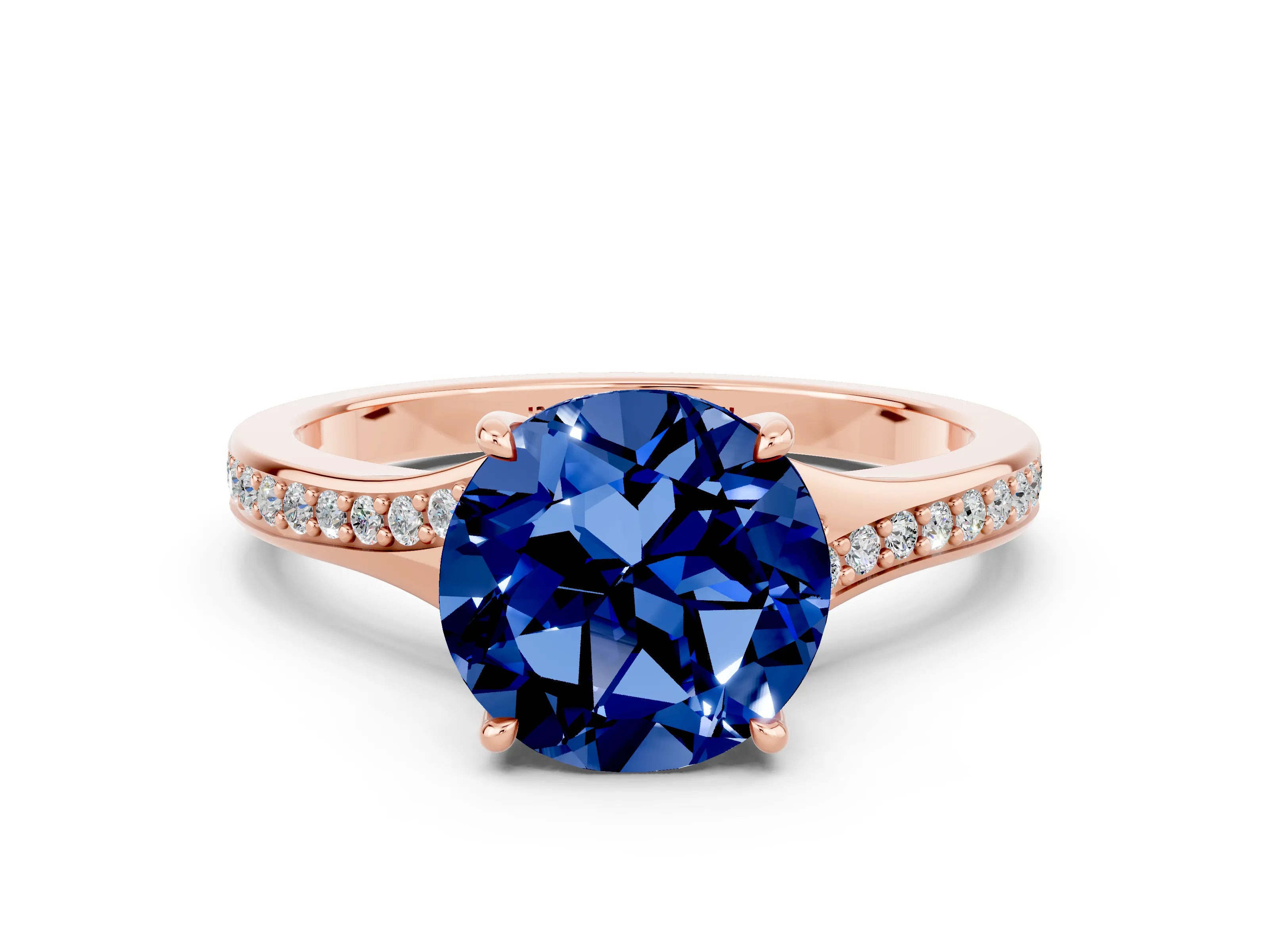 Rose gold Round Cut Blue Sapphire Solitaire Ring with Pavé Band and Prong Setting_12