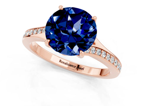 Rose gold Round Cut Blue Sapphire Solitaire Ring with Pavé Band and Prong Setting_13