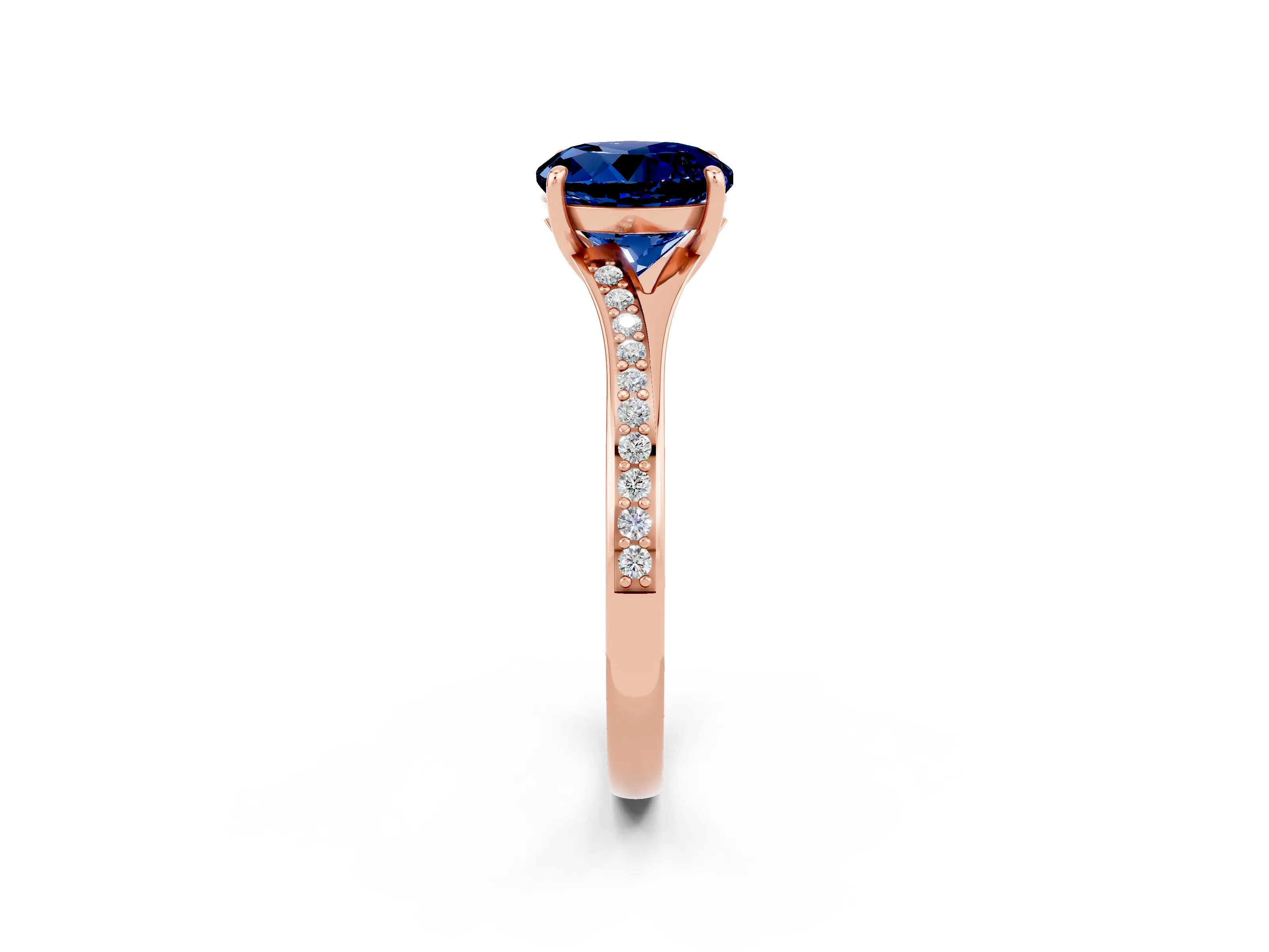 Rose gold Round Cut Blue Sapphire Solitaire Ring with Pavé Band and Prong Setting_14