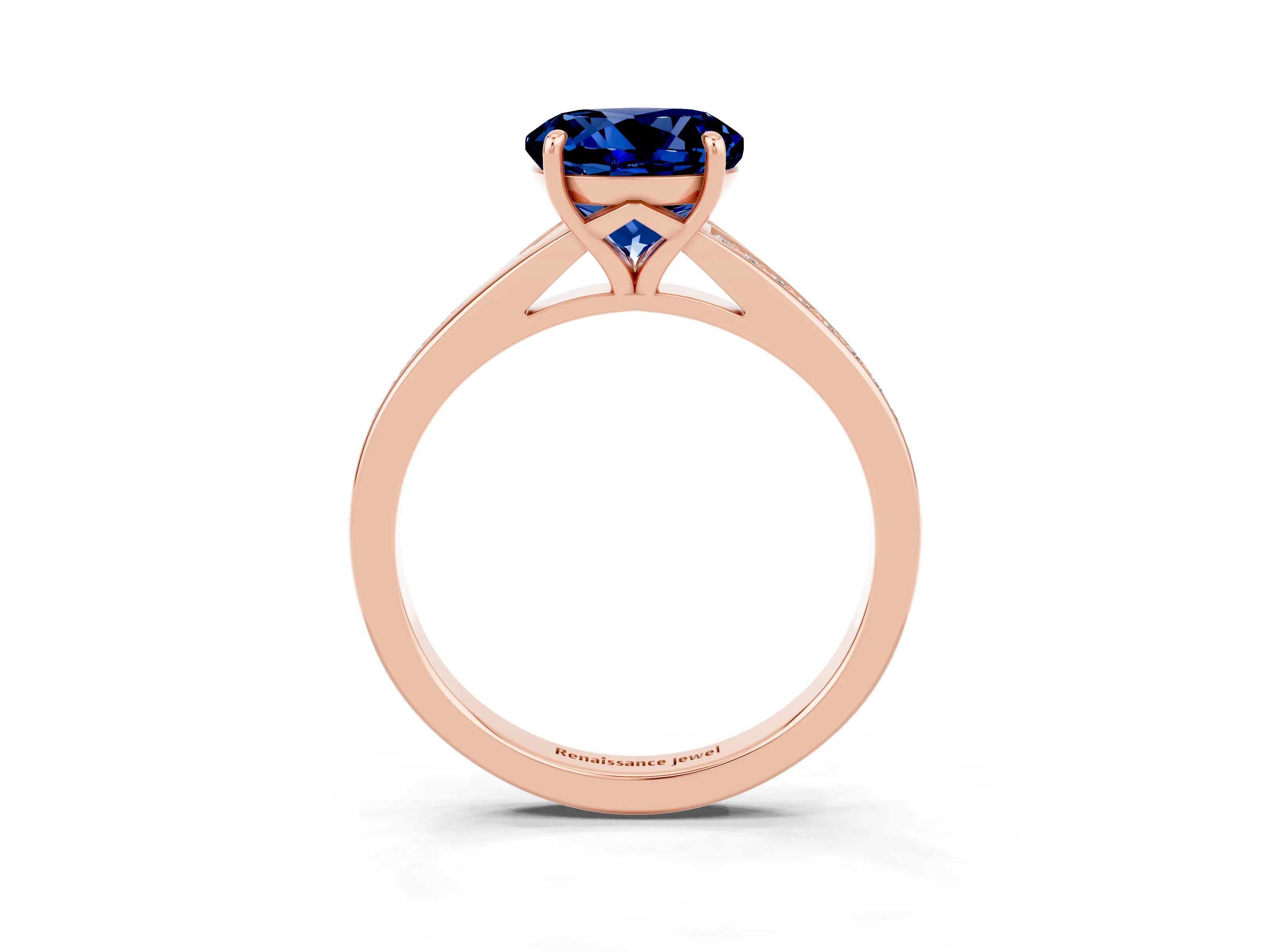 Rose gold Round Cut Blue Sapphire Solitaire Ring with Pavé Band and Prong Setting_15