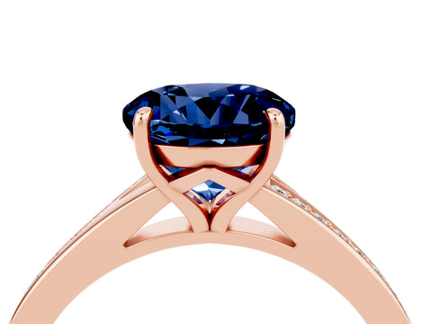 Rose gold Round Cut Blue Sapphire Solitaire Ring with Pavé Band and Prong Setting_16