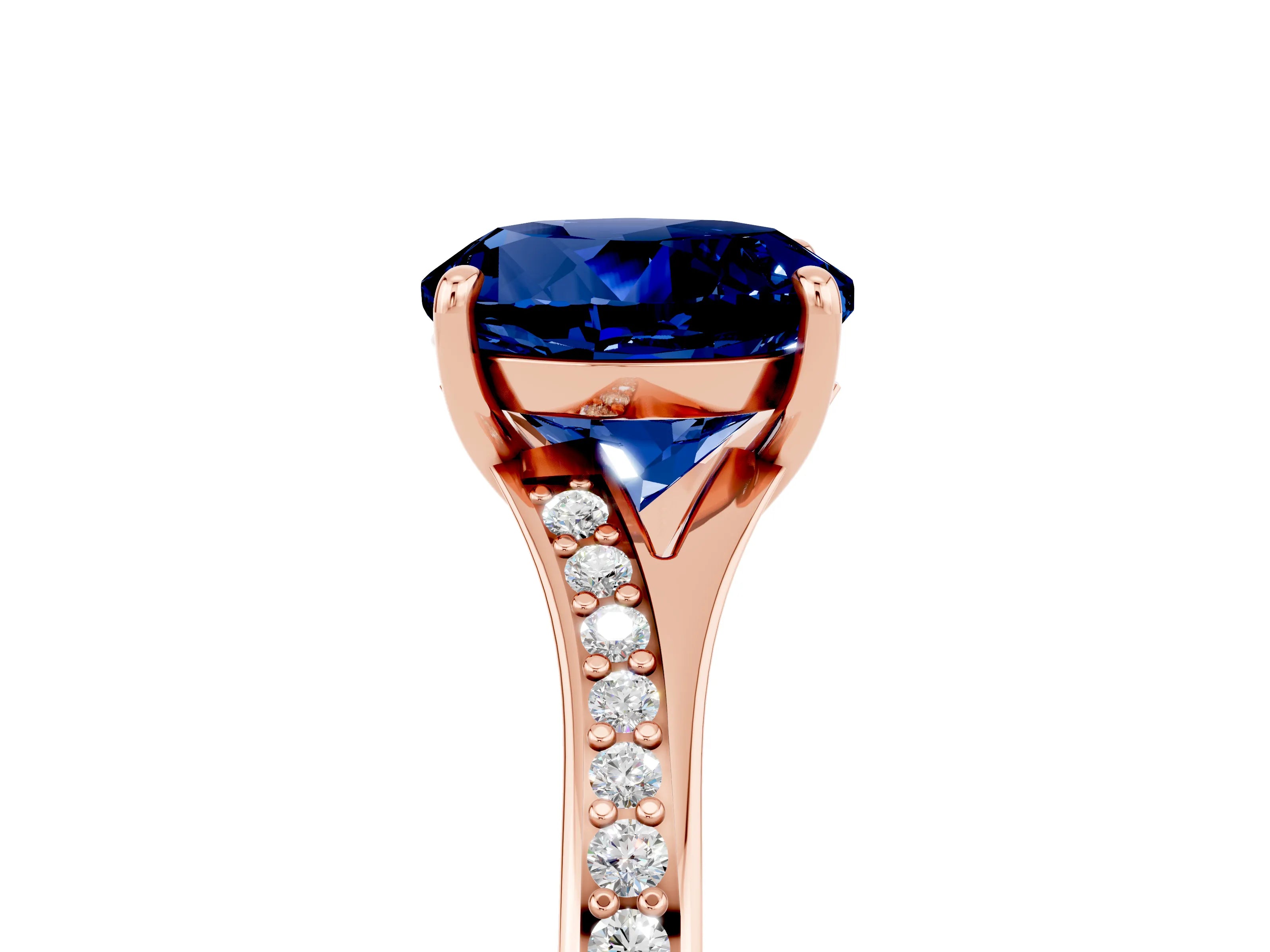 Rose gold Round Cut Blue Sapphire Solitaire Ring with Pavé Band and Prong Setting_17