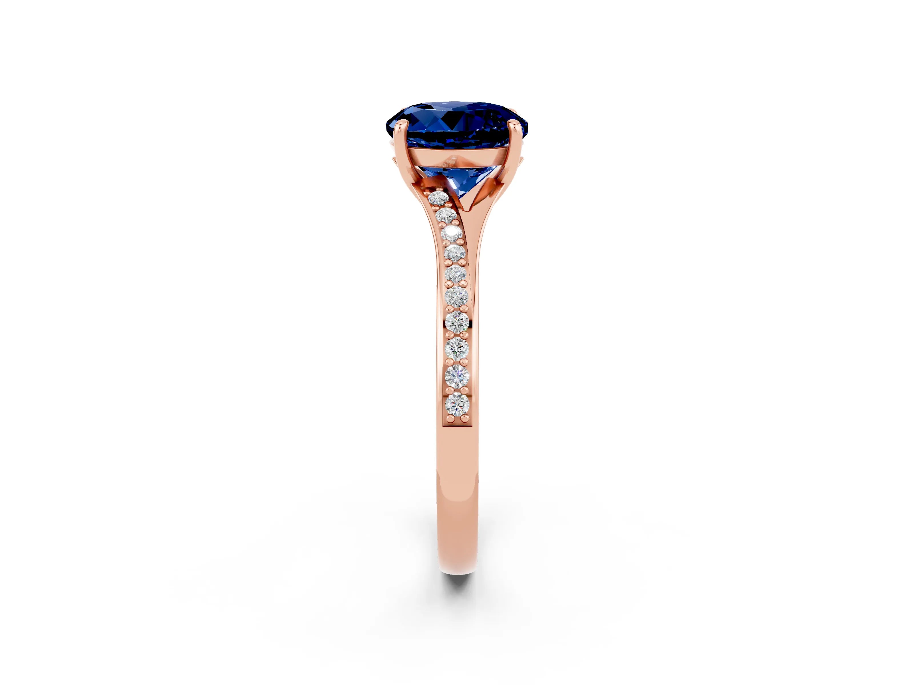 Rose gold Round Cut Blue Sapphire Solitaire Ring with Pavé Band and Prong Setting_2