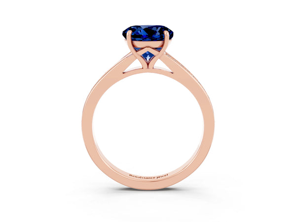 Rose gold Round Cut Blue Sapphire Solitaire Ring with Pavé Band and Prong Setting