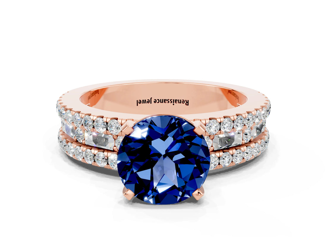Rose gold Round Cut Blue Sapphire Solitaire Ring with Pavé and Channel Set Band