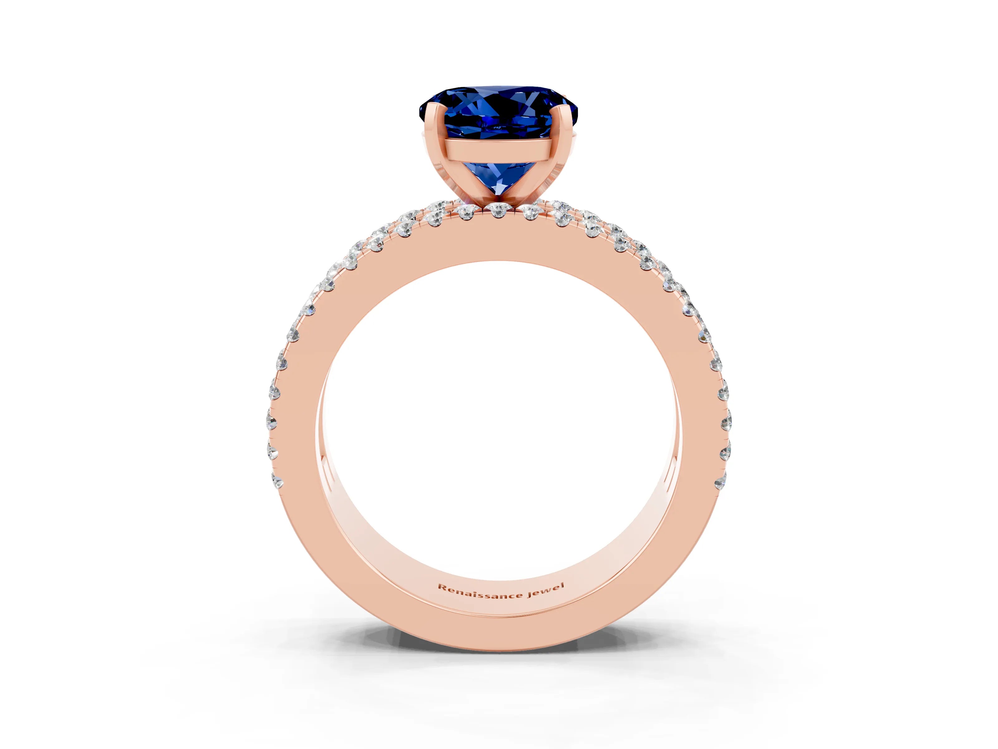 Rose gold Round Cut Blue Sapphire Solitaire Ring with Pavé and Channel Set Band_3