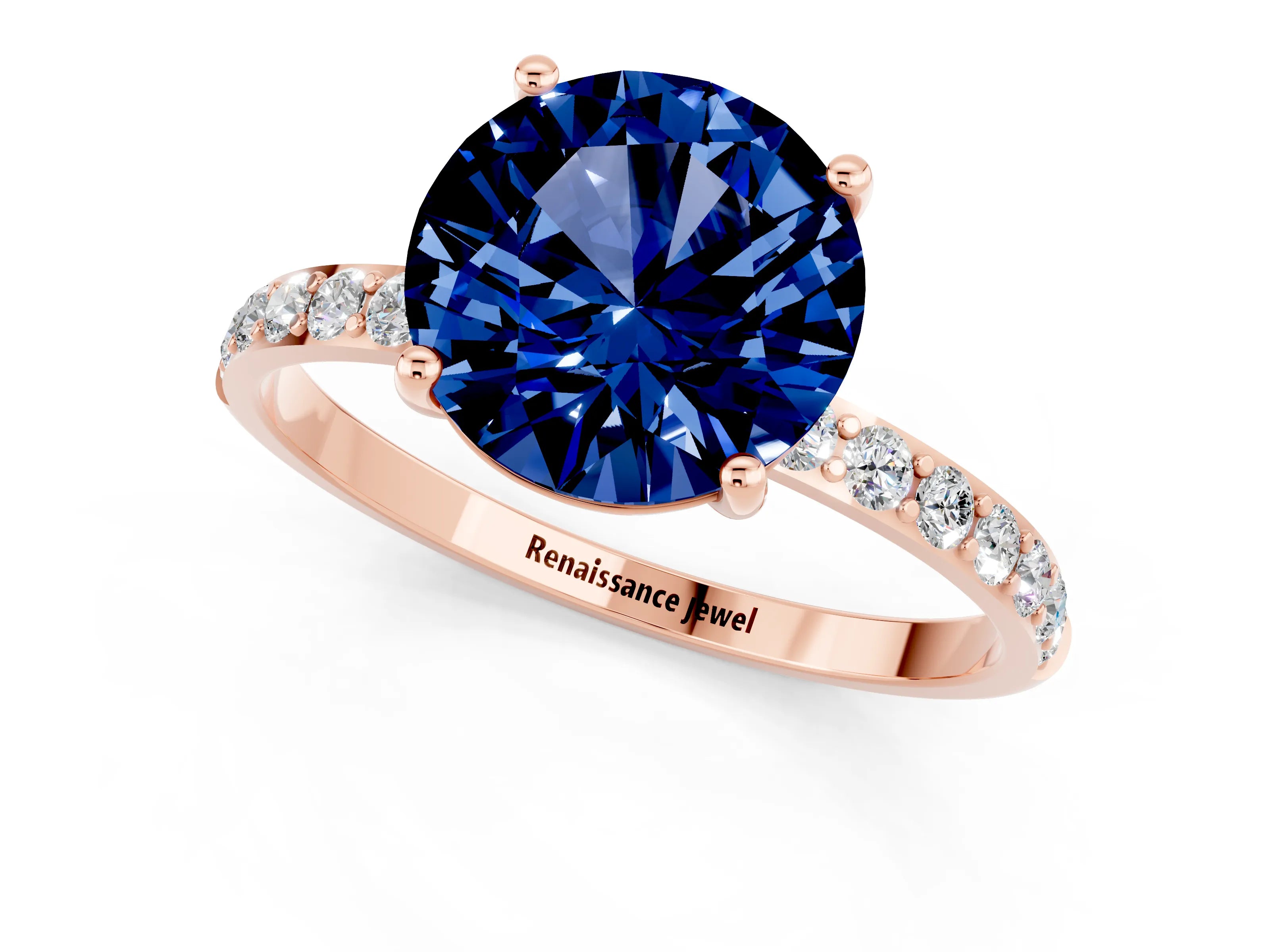 Rose gold Round Cut Blue Sapphire Solitaire Ring with Pave Band and Four Prong Setting_25