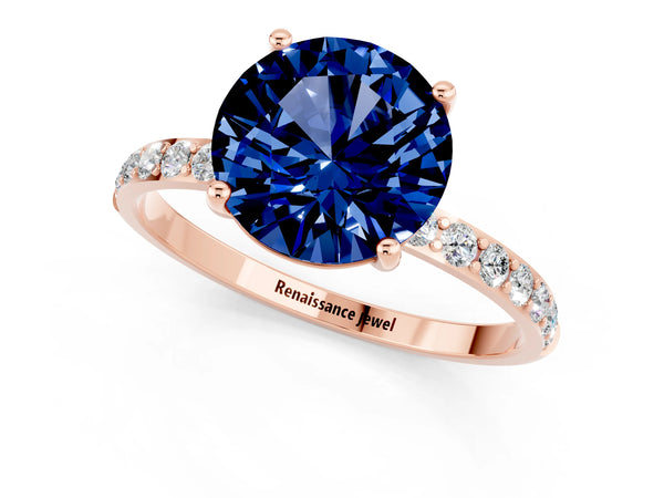 Rose gold Round Cut Blue Sapphire Solitaire Ring with Round  Pavé Band and Prong Setting