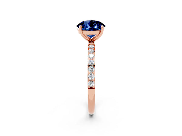 Rose gold Round Cut Blue Sapphire Solitaire Ring with Round  Pavé Band and Prong Setting