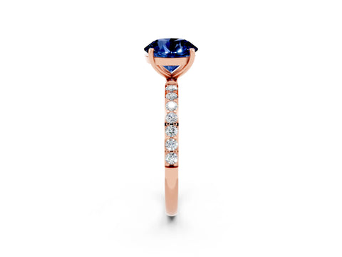 Rose gold Round Cut Blue Sapphire Solitaire Ring with Pave Band and Four Prong Setting_26