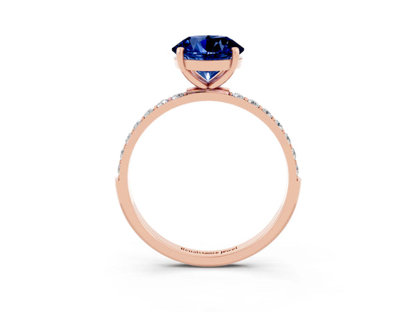 Rose gold Round Cut Blue Sapphire Solitaire Ring with Round  Pavé Band and Prong Setting