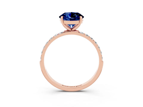 Rose gold Round Cut Blue Sapphire Solitaire Ring with Pave Band and Four Prong Setting_27