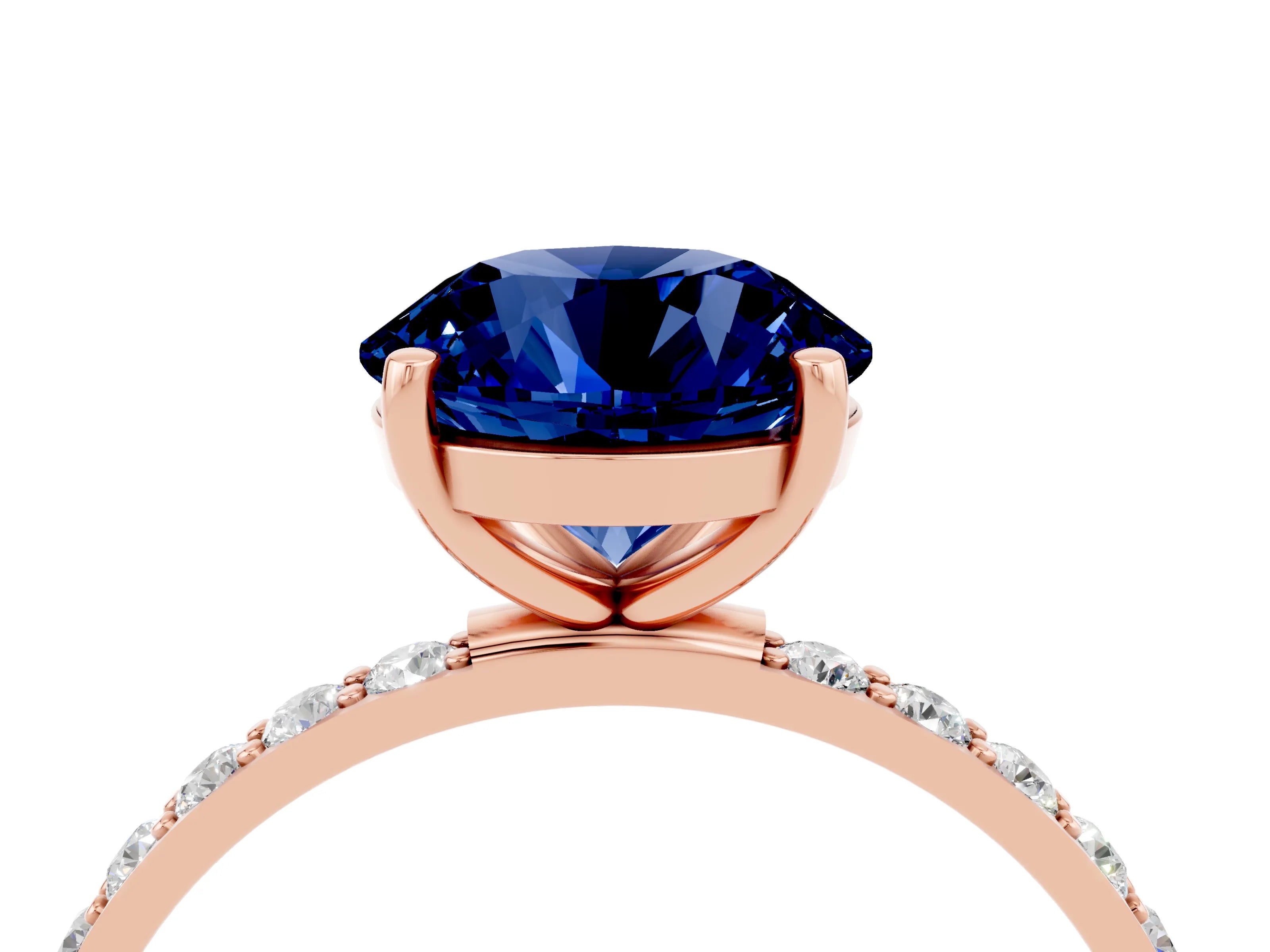 Rose gold Round Cut Blue Sapphire Solitaire Ring with Pave Band and Four Prong Setting_28