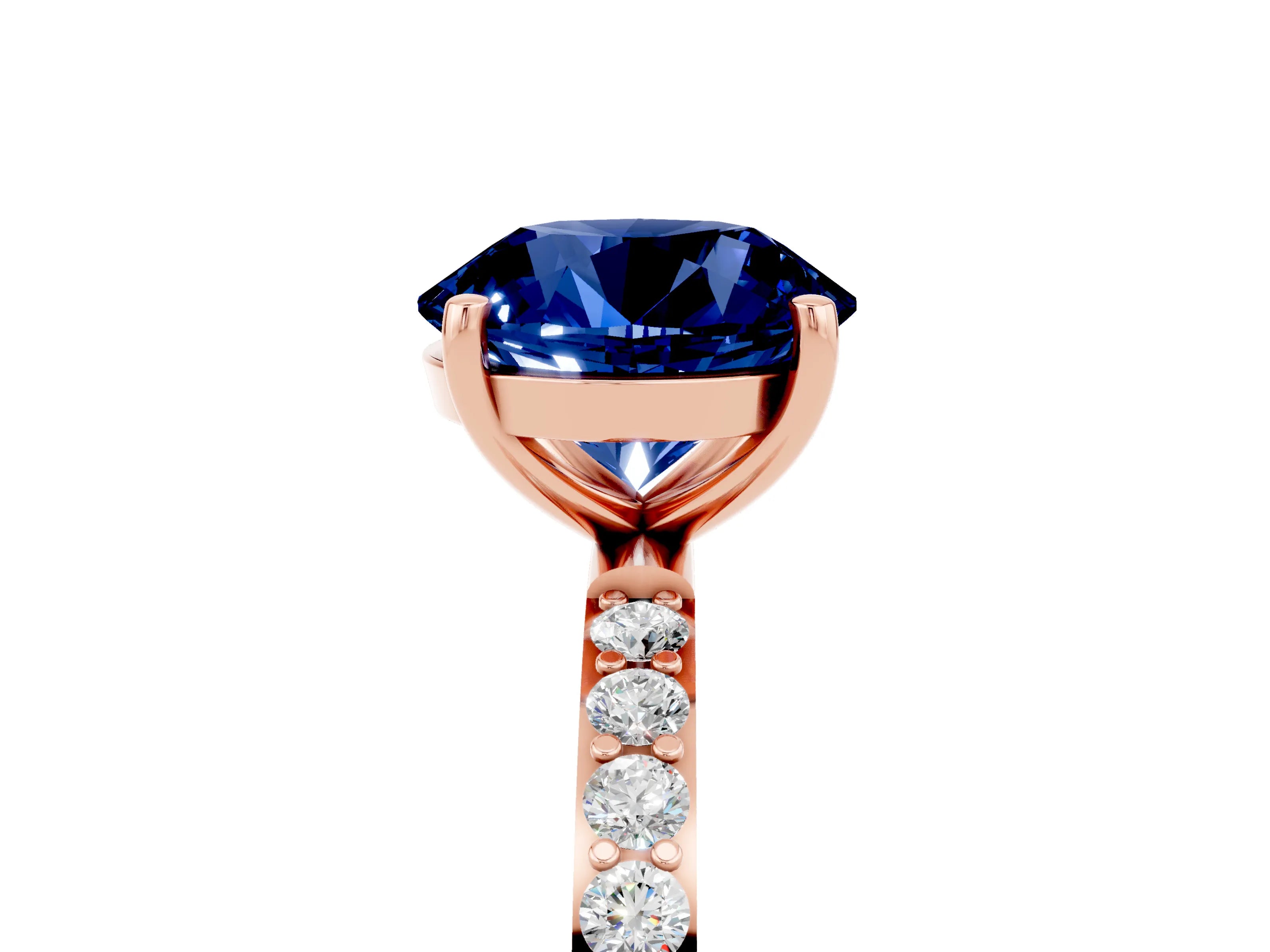Rose gold Round Cut Blue Sapphire Solitaire Ring with Pave Band and Four Prong Setting_29