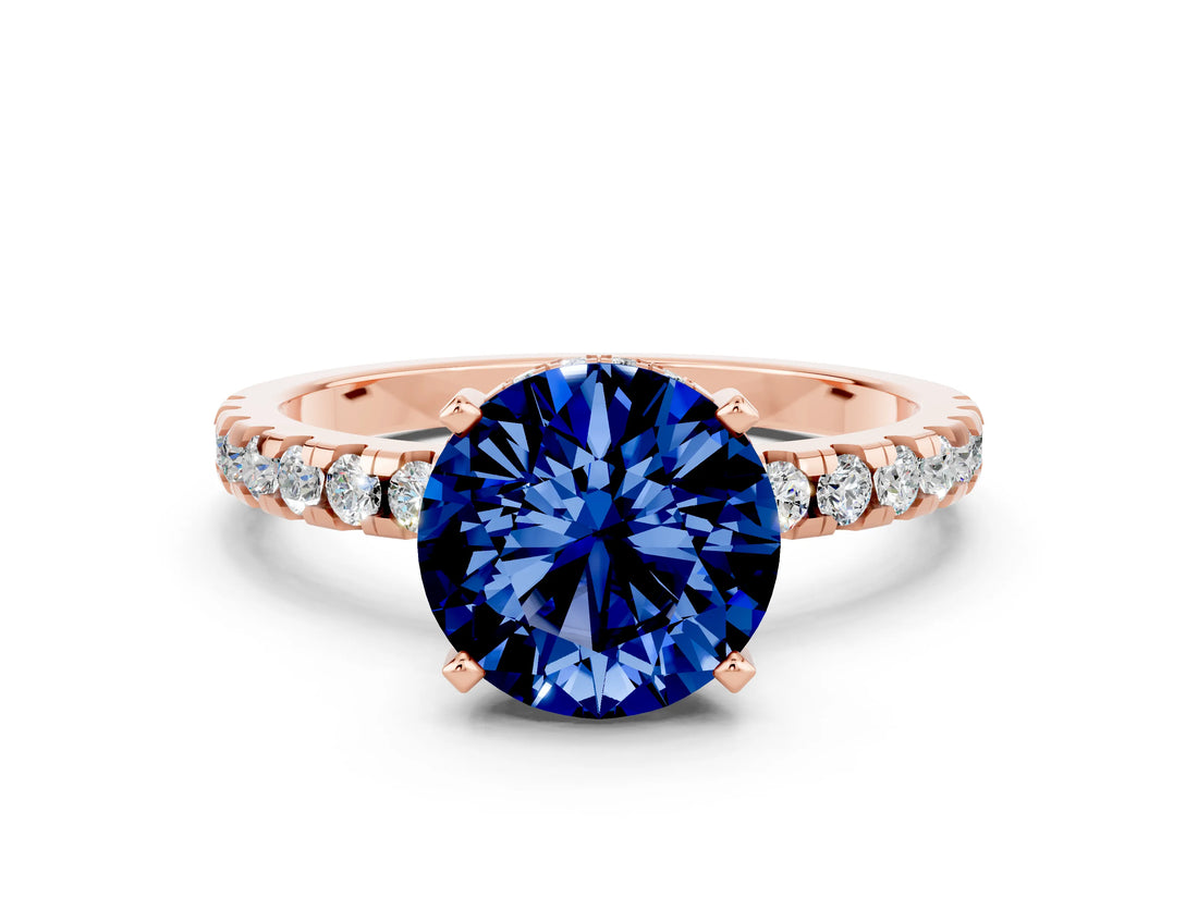 Rose gold Round Cut Blue Sapphire Solitaire Ring with Round  Pavé Band and Four-Prong Setting_36
