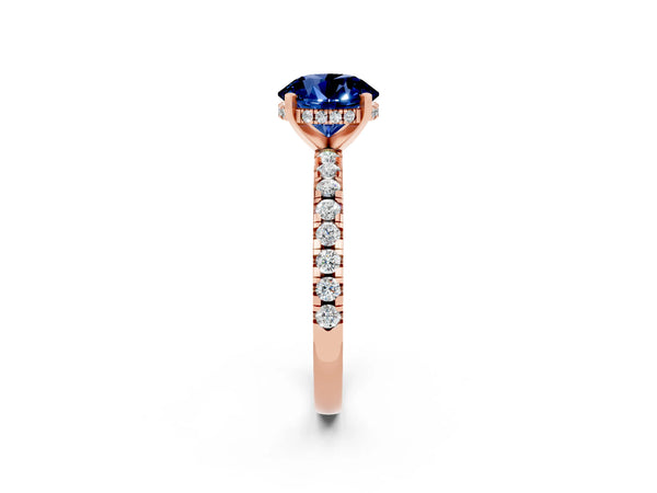 Rose Gold Round Lab-Grown Blue Sapphire Hidden Halo Engagement Ring with Pave Band