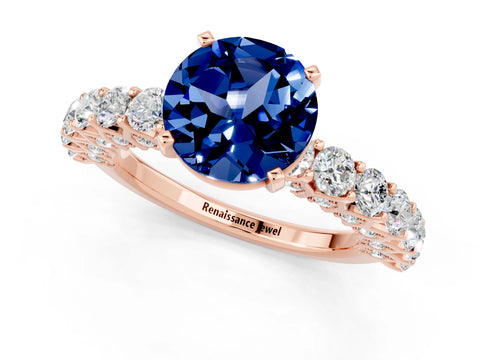 Rose gold Round Cut Blue Sapphire Solitaire Ring with Shared Prong Pavé Band and Four-Prong Setting_1