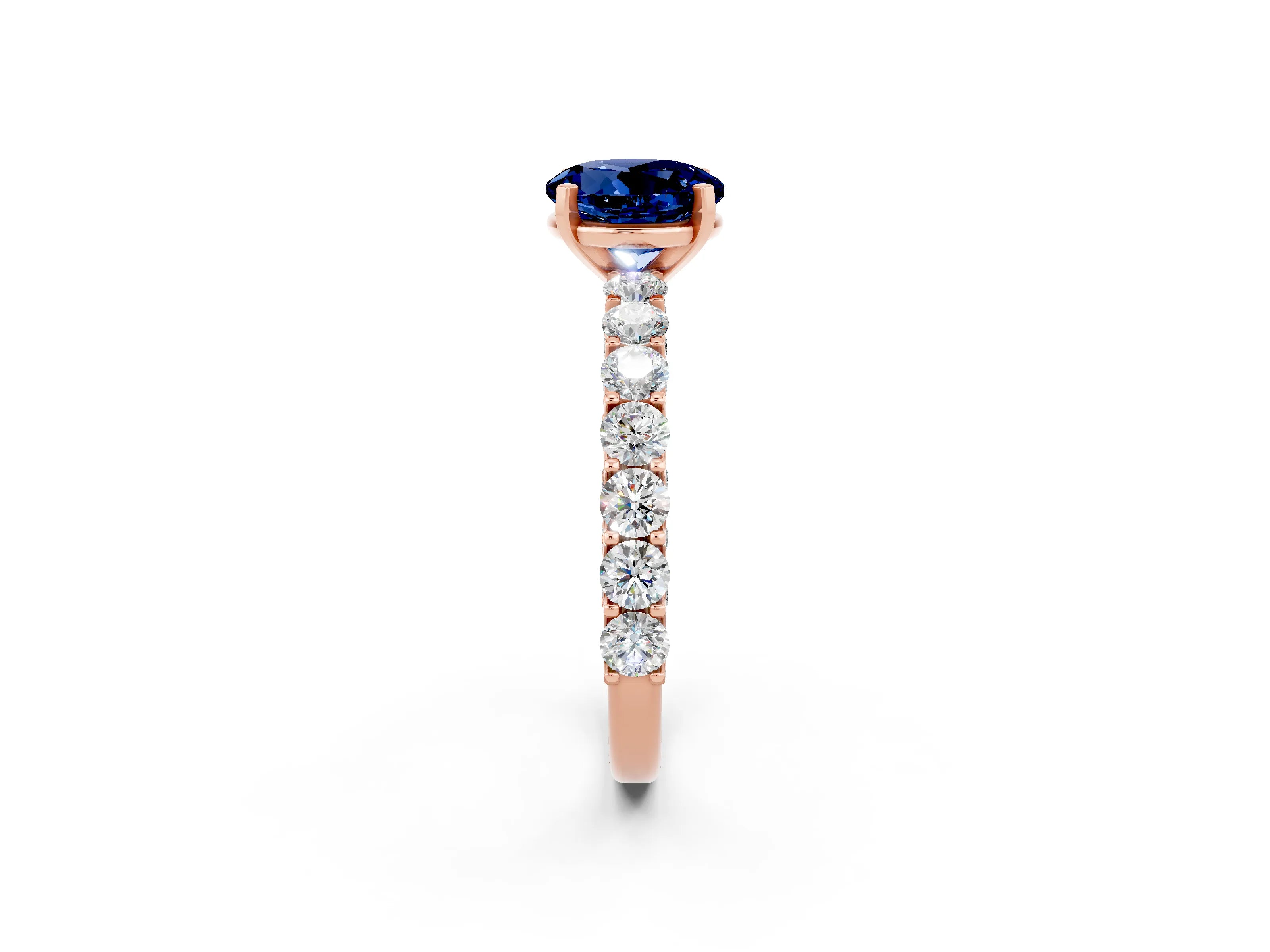 Rose gold Round Cut Blue Sapphire Solitaire Ring with Shared Prong Pavé Band and Four-Prong Setting_2