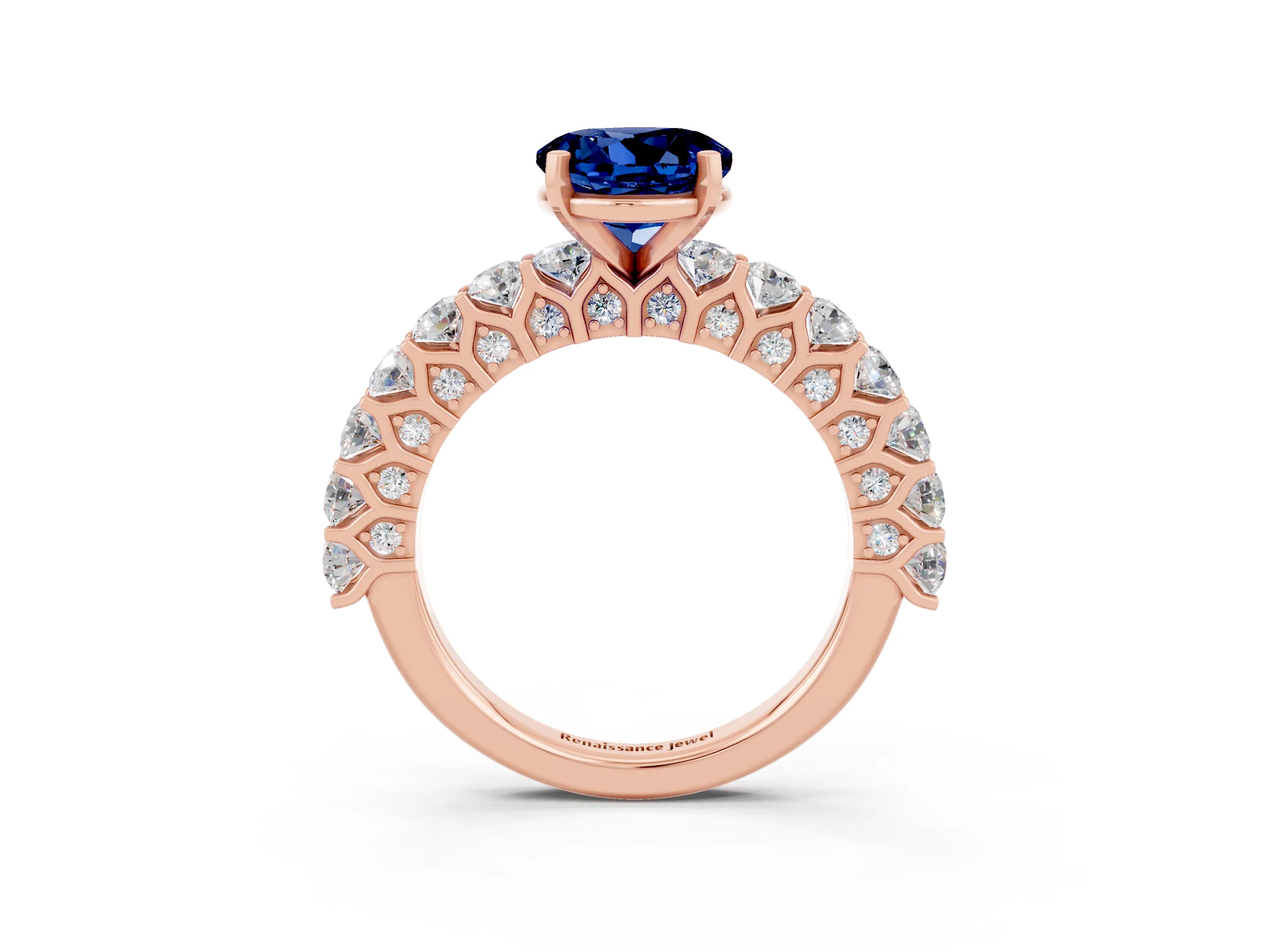 Rose gold Round Cut Blue Sapphire Solitaire Ring with Shared Prong Pavé Band and Four-Prong Setting_3