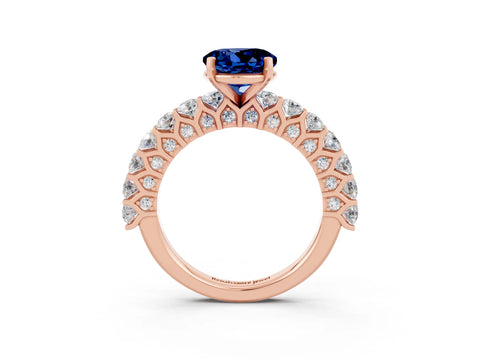 Rose gold Round Cut Blue Sapphire Solitaire Ring with Shared Prong Pavé Band and Four-Prong Setting_3
