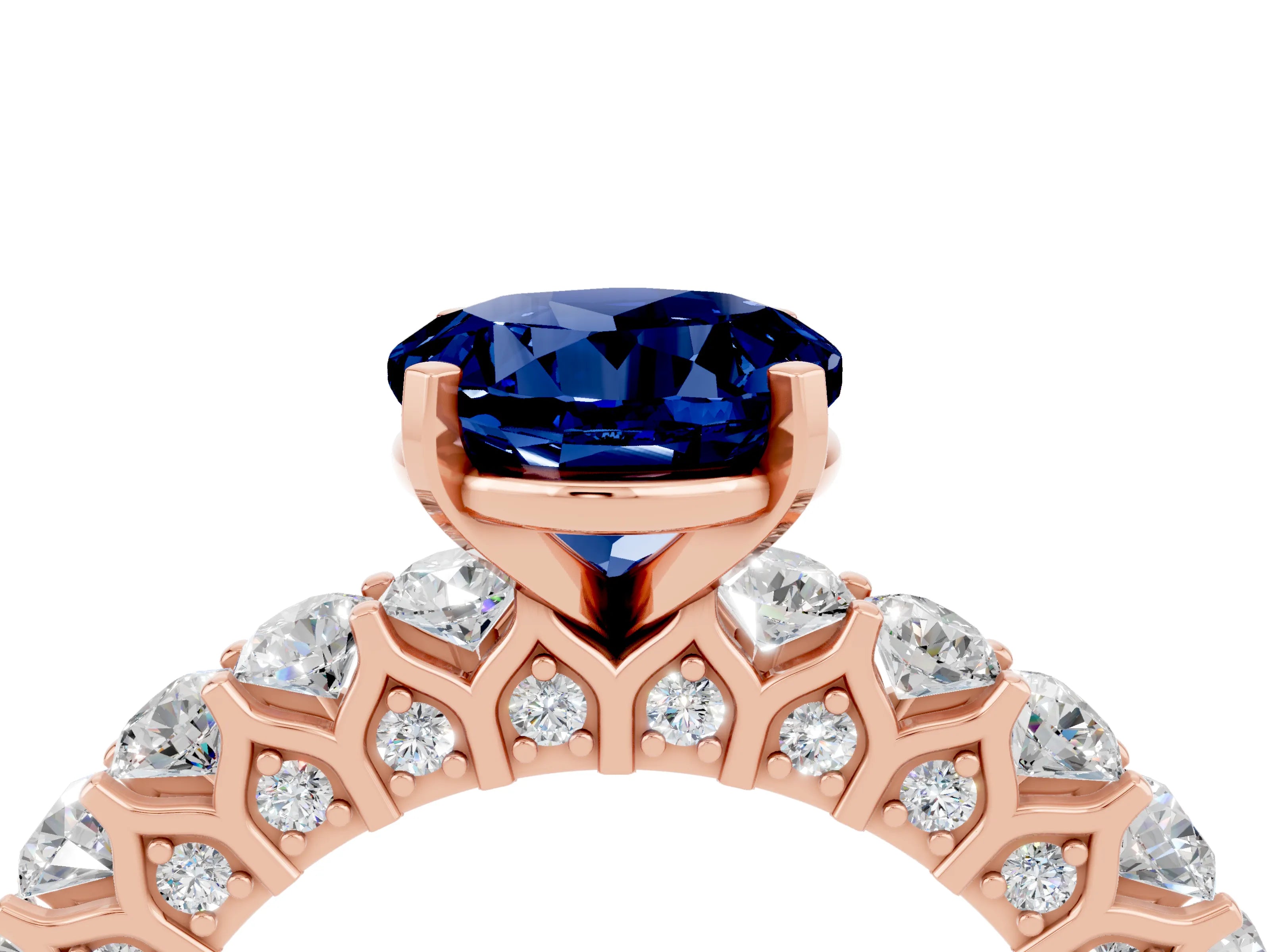 Rose gold Round Cut Blue Sapphire Solitaire Ring with Shared Prong Pavé Band and Four-Prong Setting_4