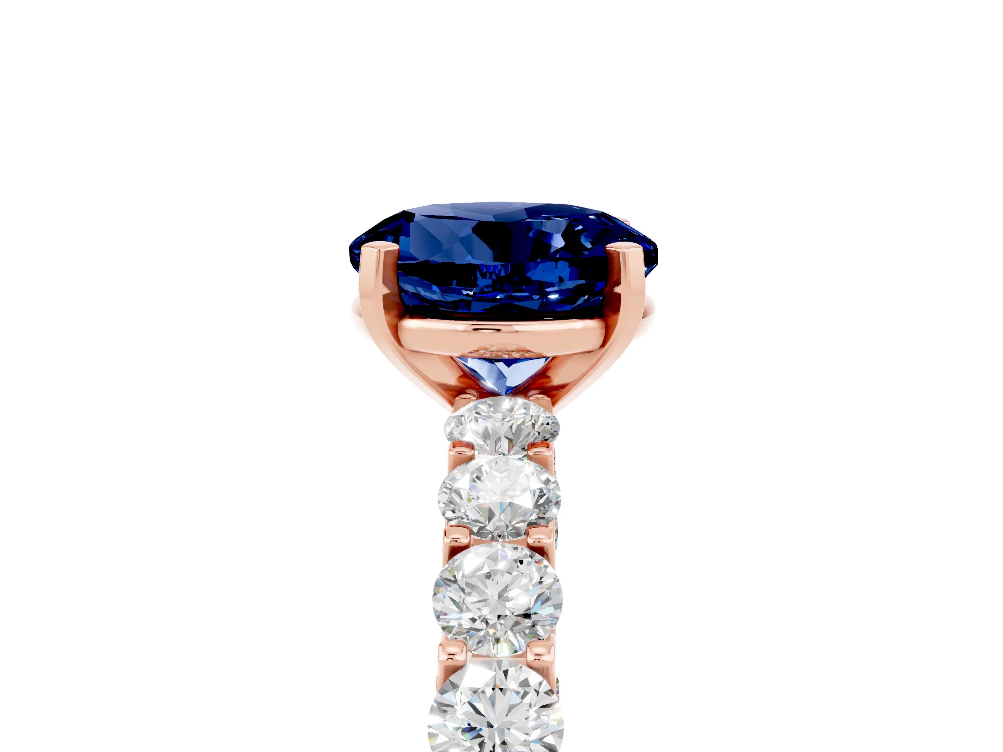 Rose gold Round Cut Blue Sapphire Solitaire Ring with Shared Prong Pavé Band and Four-Prong Setting_5