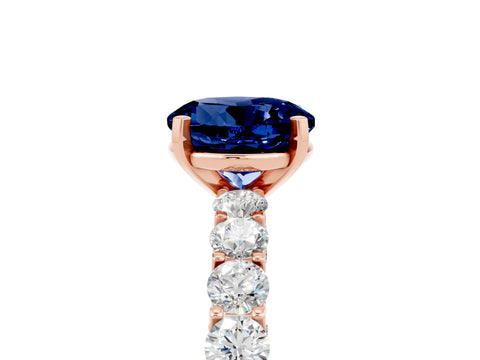 Rose gold Round Cut Blue Sapphire Solitaire Ring with Shared Prong Pavé Band and Four-Prong Setting_5