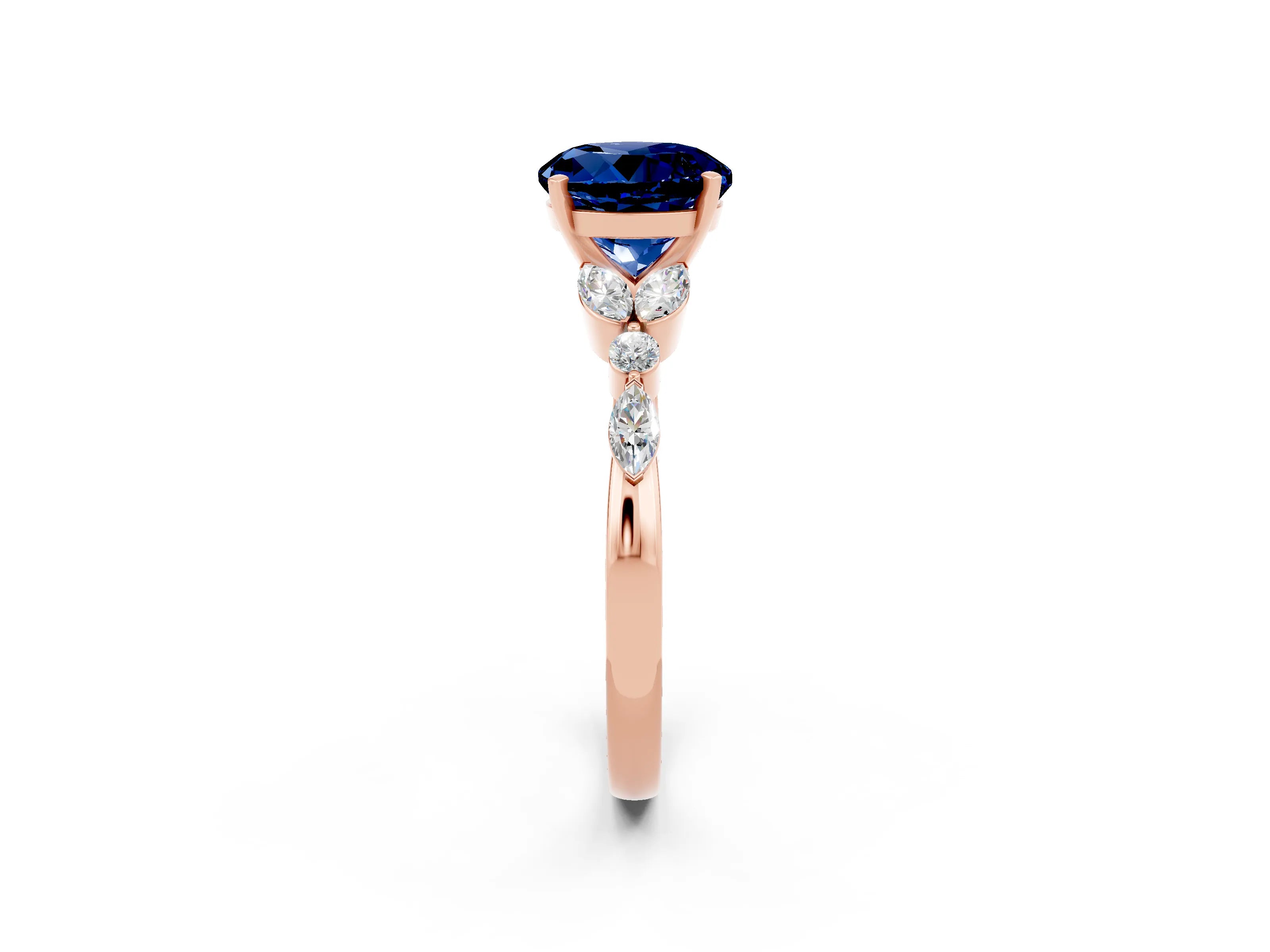 Rose gold Round Cut Blue Sapphire Solitaire Ring with Side Stones and Four-Prong Setting_14