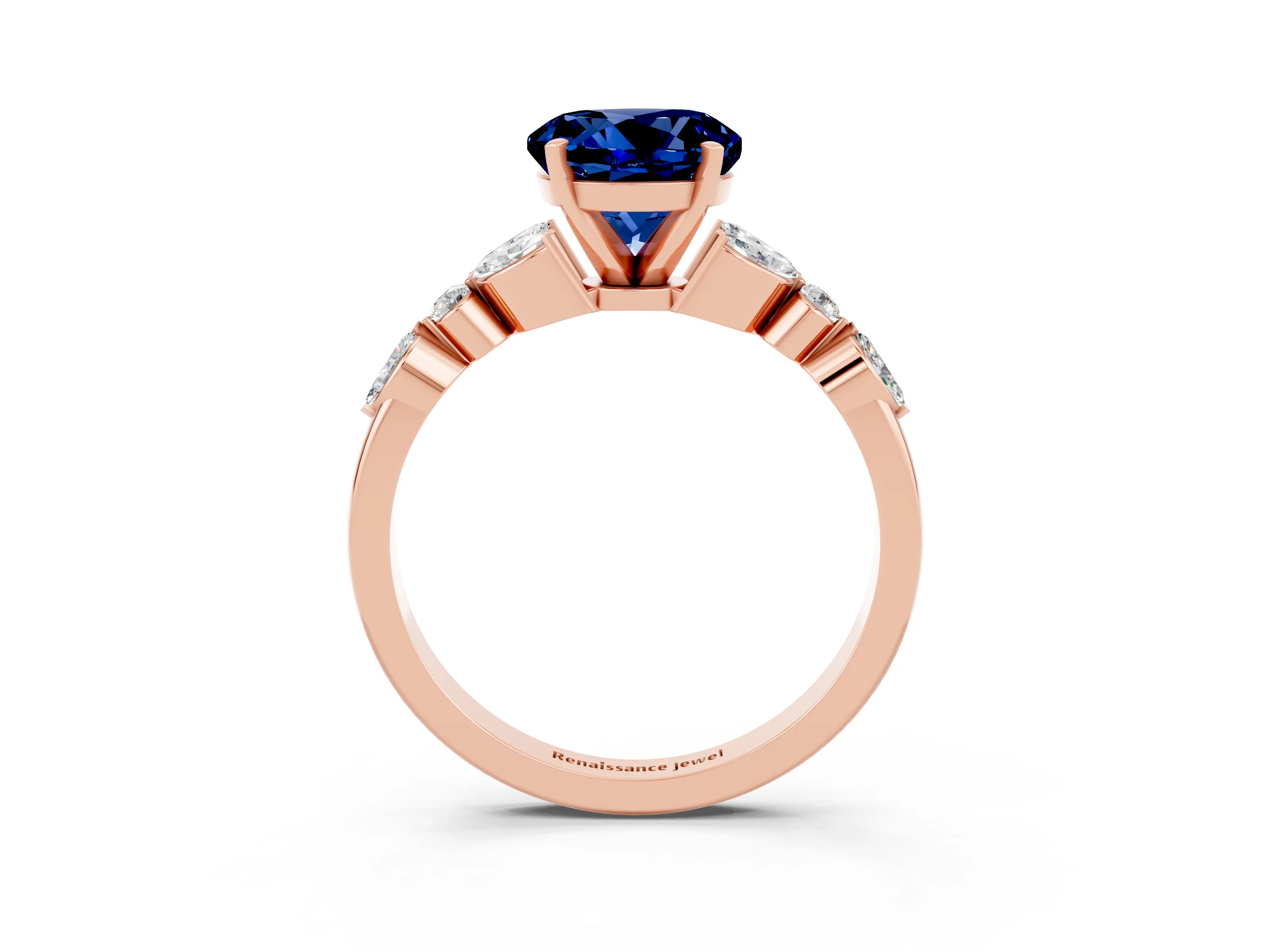 Rose gold Round Cut Blue Sapphire Solitaire Ring with Side Stones and Four-Prong Setting_15