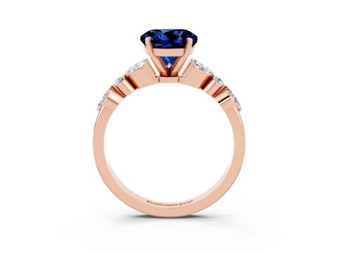 Rose gold Round Cut Blue Sapphire Solitaire Ring with Side Stones and Four-Prong Setting_15