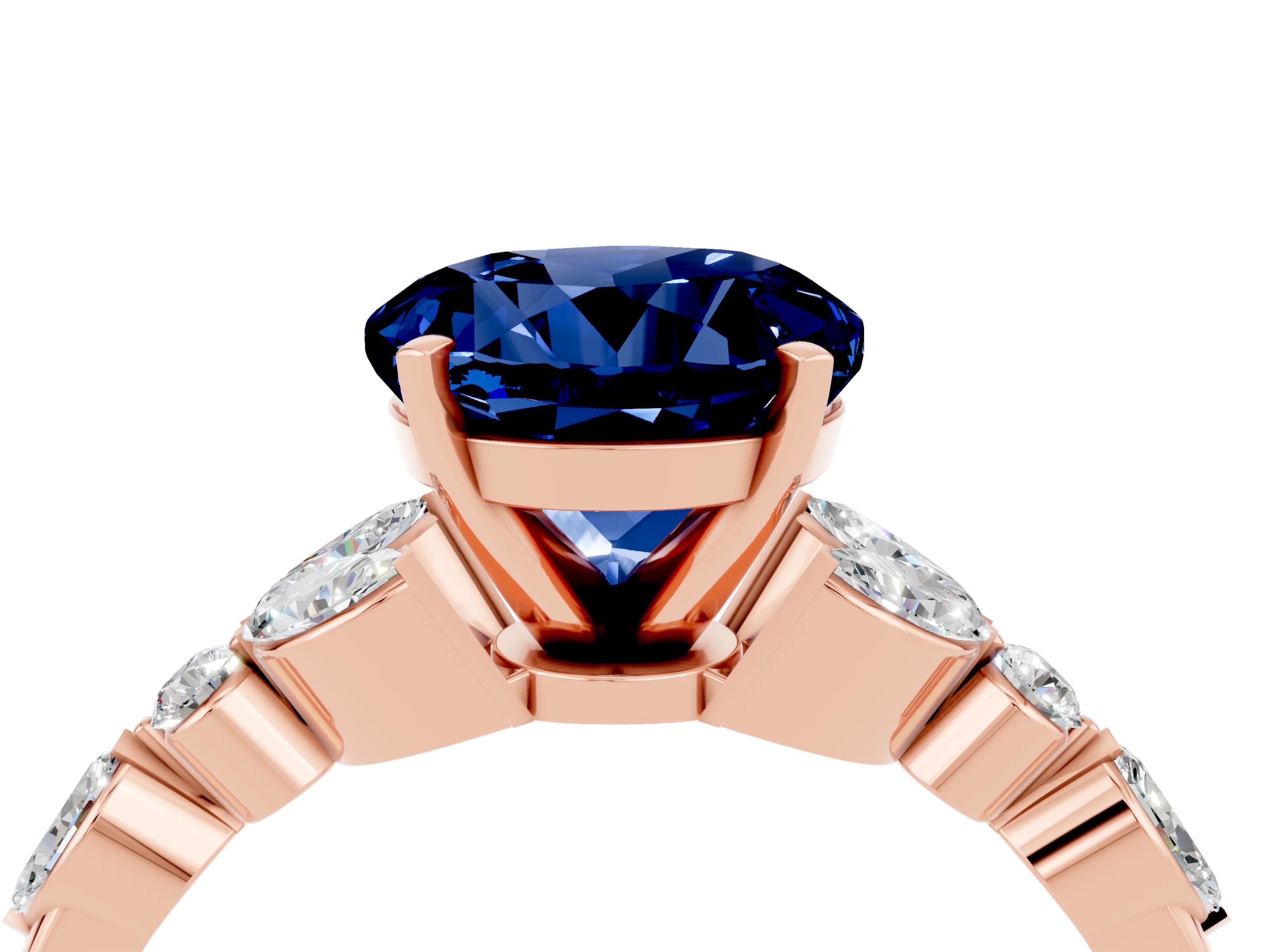Rose gold Round Cut Blue Sapphire Solitaire Ring with Side Stones and Four-Prong Setting_16