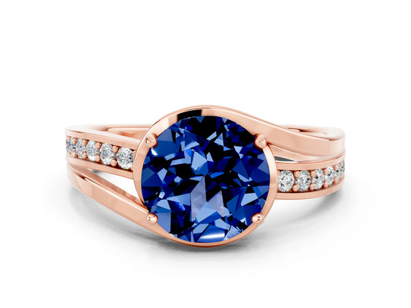 Rose gold Round Cut Blue Sapphire Solitaire Ring with Split Shank and Prong Setting