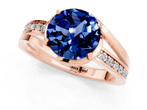 Rose gold Round Cut Blue Sapphire Solitaire Ring with Split Shank and Prong Setting_1