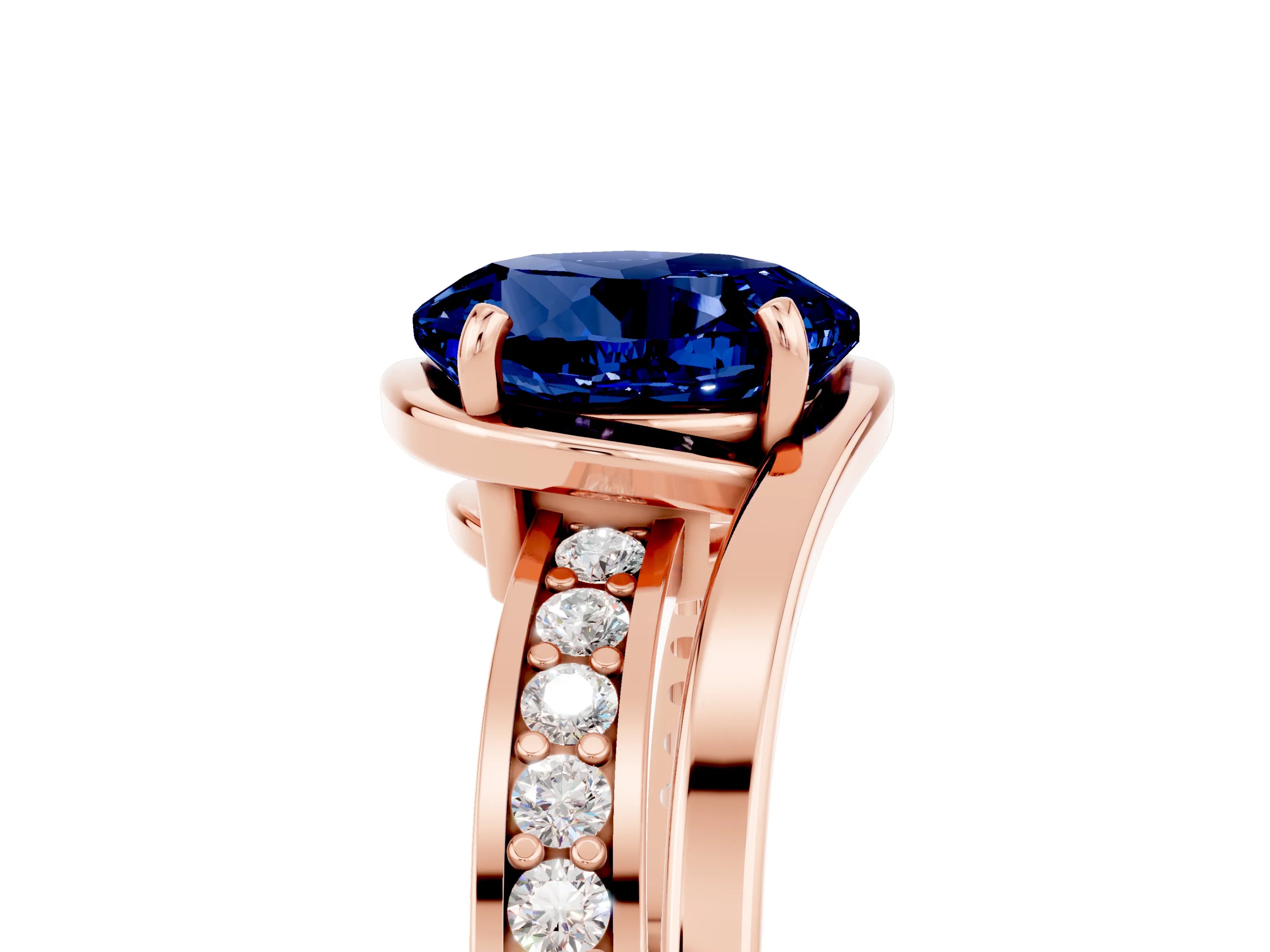 Rose gold Round Cut Blue Sapphire Solitaire Ring with Split Shank and Prong Setting_5