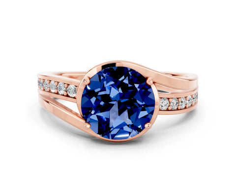 Rose gold Round Cut Blue Sapphire Solitaire Ring with Split Shank and Prong Setting