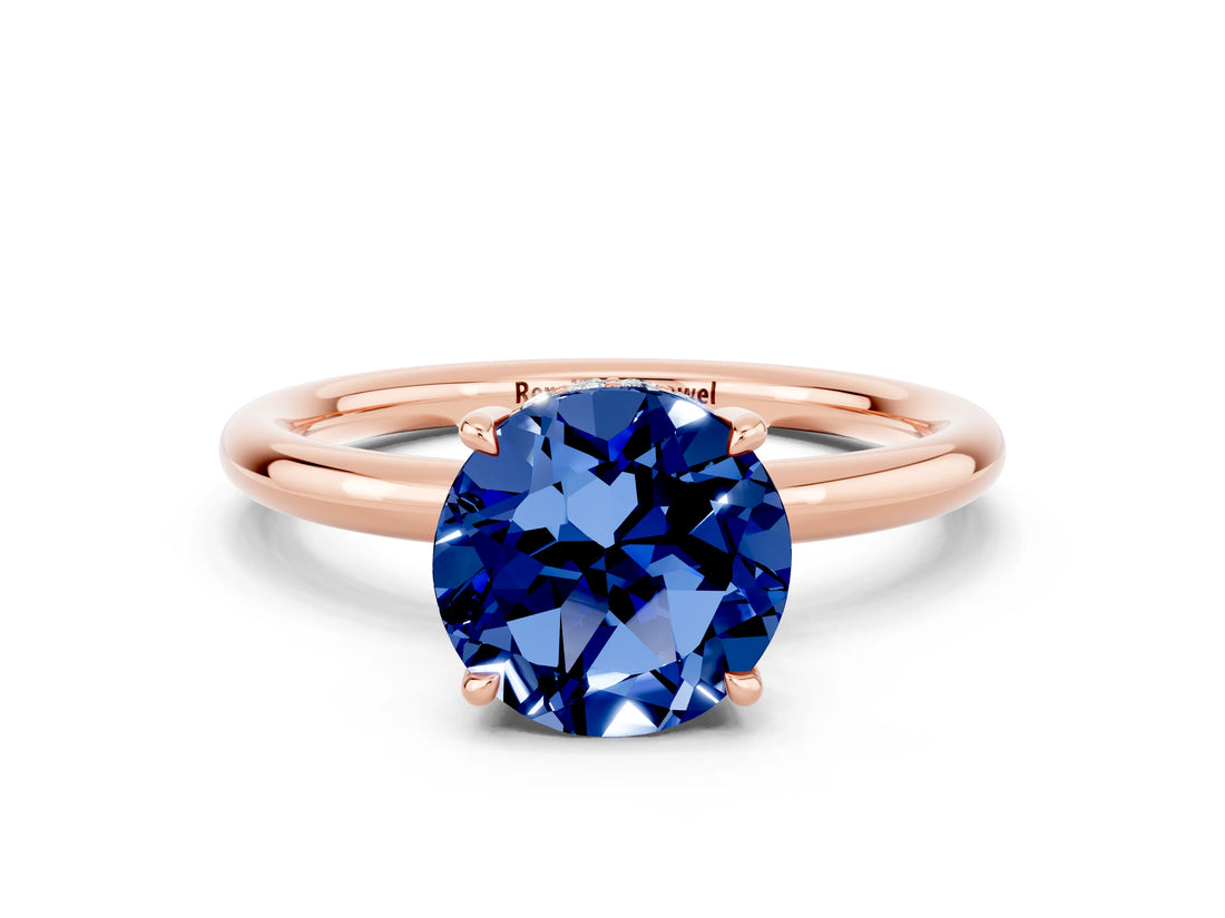 Rose gold Round Cut Blue Sapphire Solitaire Ring with Thin Band and Four-Prong Setting_12