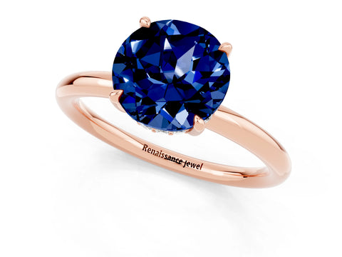 Rose gold Round Cut Blue Sapphire Solitaire Ring with Thin Band and Four-Prong Setting_13