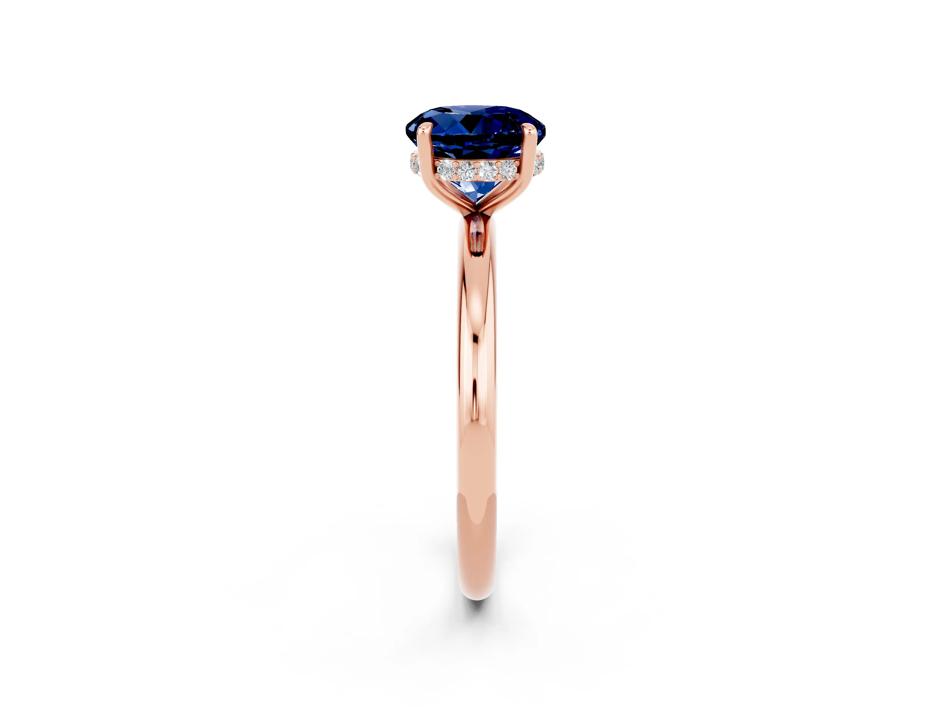 Rose gold Round Cut Blue Sapphire Solitaire Ring with Thin Band and Four-Prong Setting_14