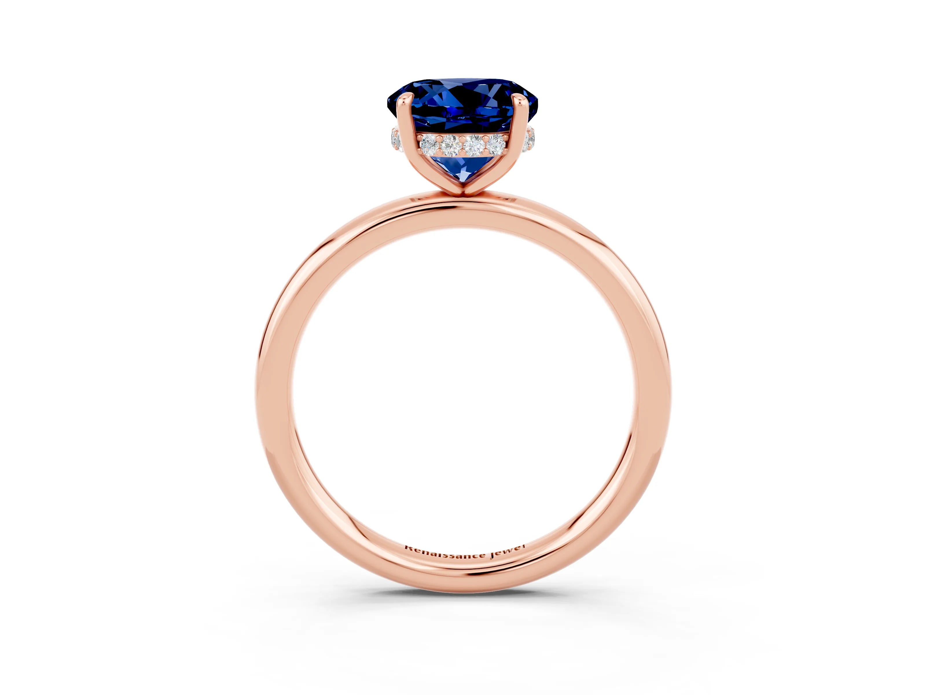 Rose gold Round Cut Blue Sapphire Solitaire Ring with Thin Band and Four-Prong Setting_15