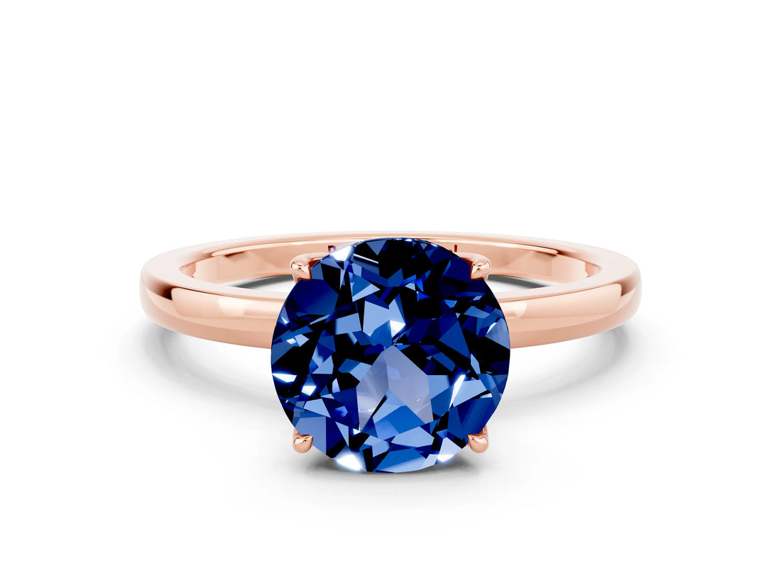 Rose gold Round Cut Blue Sapphire Solitaire Ring with Thin Band and Prong Setting_12