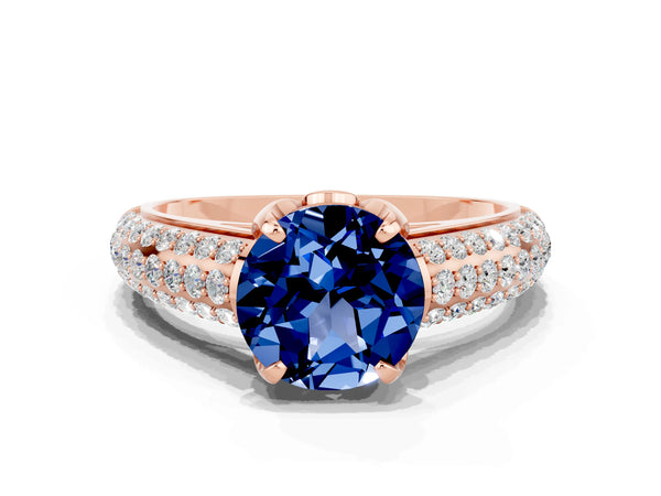 Rose gold Round Cut Blue Sapphire Solitaire Ring with Three-Row Pavé Band and Four-Prong Setting