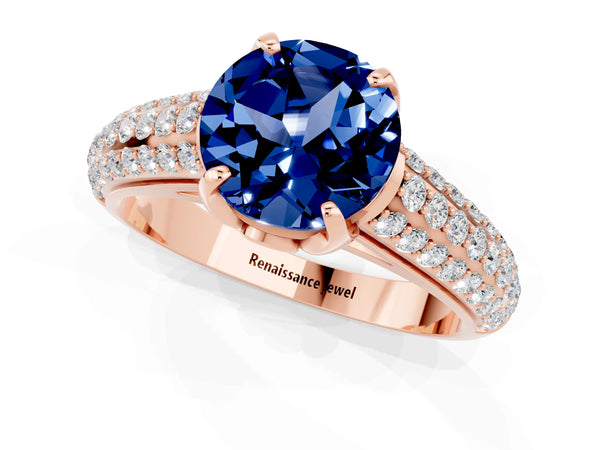 Rose gold Round Cut Blue Sapphire Solitaire Ring with Three-Row Pavé Band and Four-Prong Setting