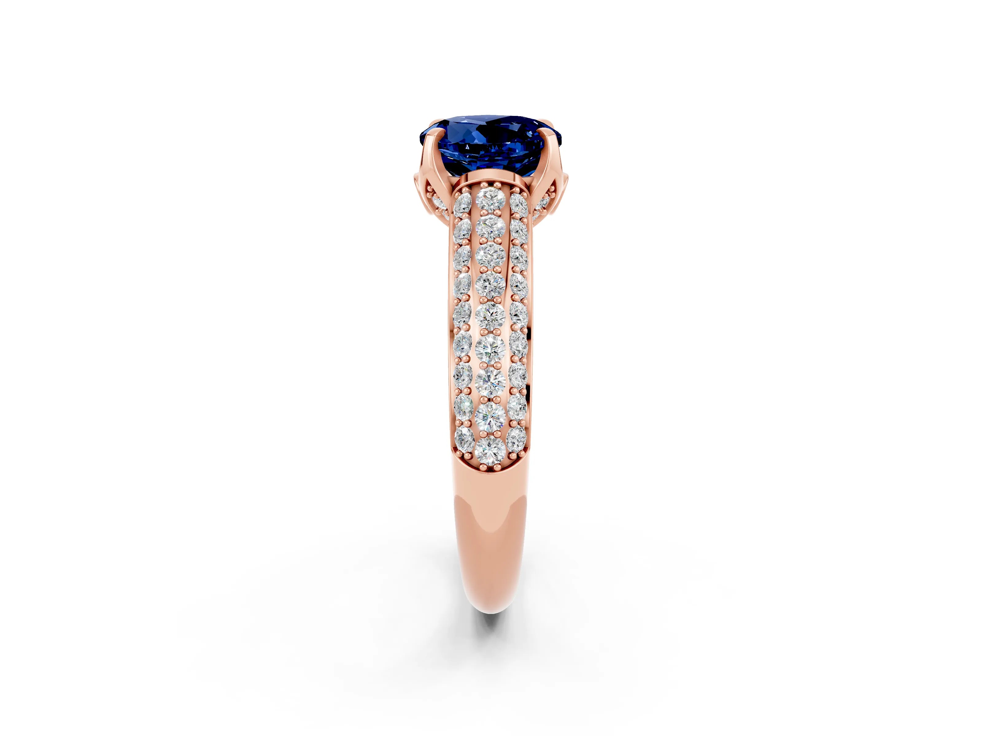 Rose gold Round Cut Blue Sapphire Solitaire Ring with Three-Row Pavé Band and Four-Prong Setting_14